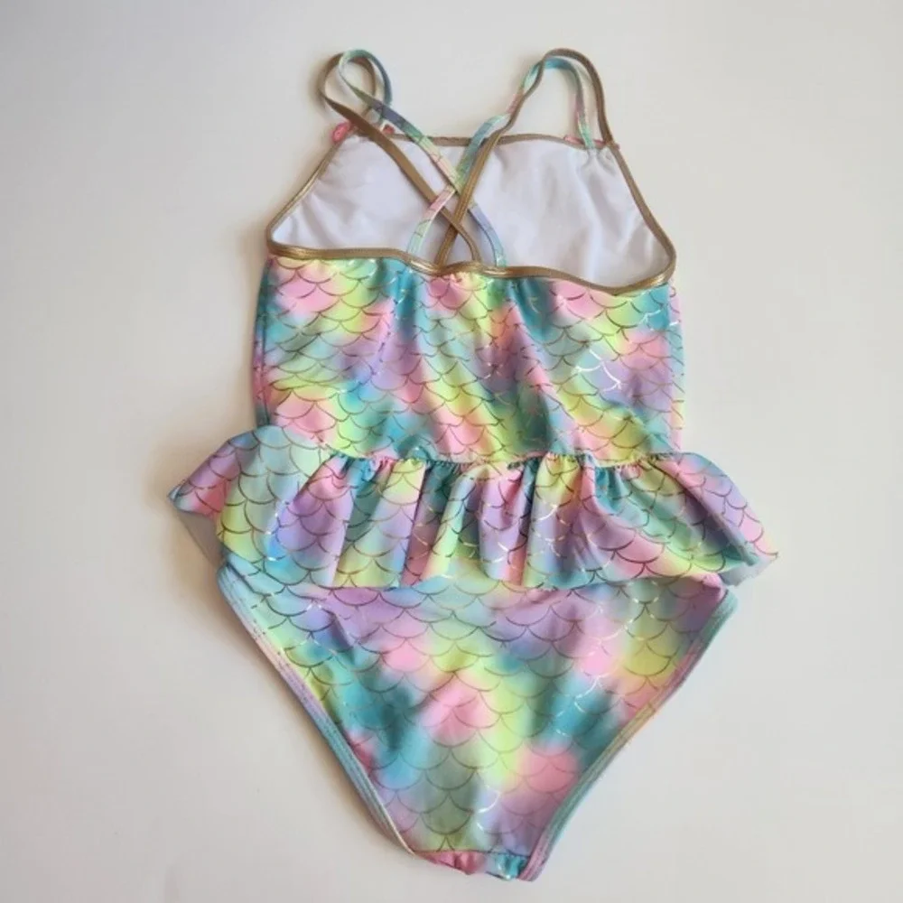 Betsey Johnson Girls XL 14 Mermaid‎ Scale Rainbow Ruffle One Piece Swimsuit Gold
